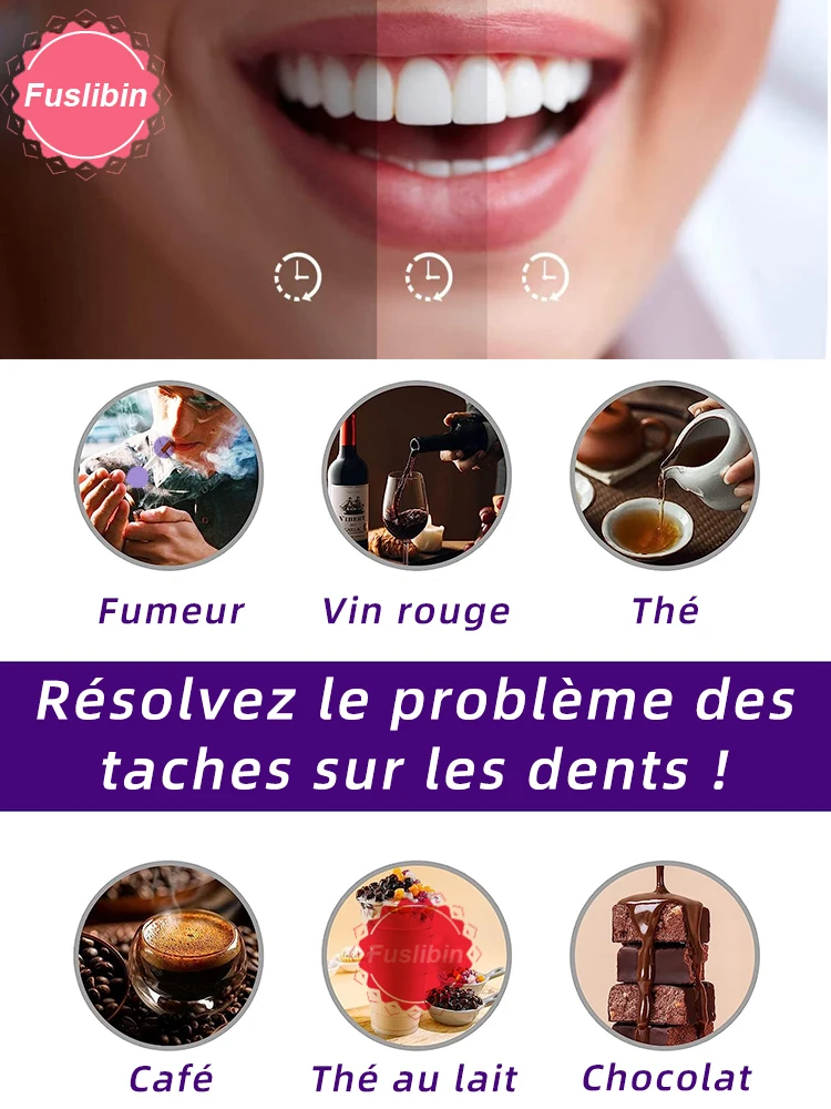 Dentifrice violet blanchissant, élimine les taches, corrige la couleur des dents pour les fumeurs, les consommateurs de café et de thé, pour une haleine fraîche et un soin de l'émail._voghion.com