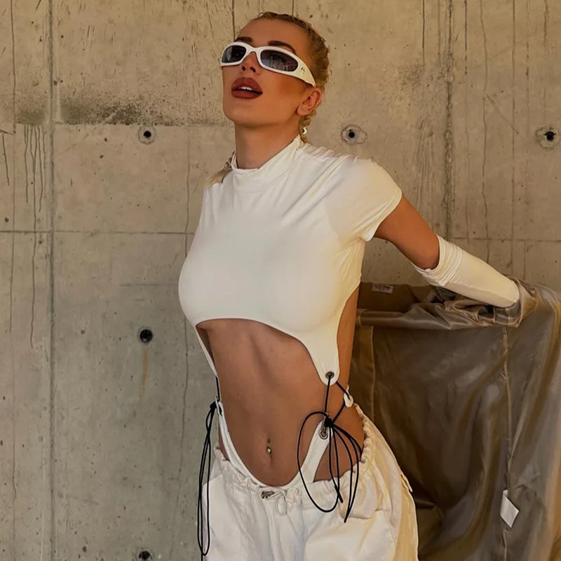 Body de manga corta con cuello alto para mujer, estilo Y2K, de una pieza con aberturas, con cordones, lencería sexy.