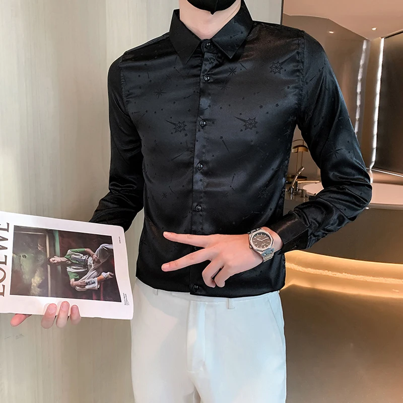 

Brand Silky Men Clothes New Fashion Lapel Long Sleeve Men Social Shirts Party Stage Slim Fit Chemise Homme De Luxe Plus Size 4XL