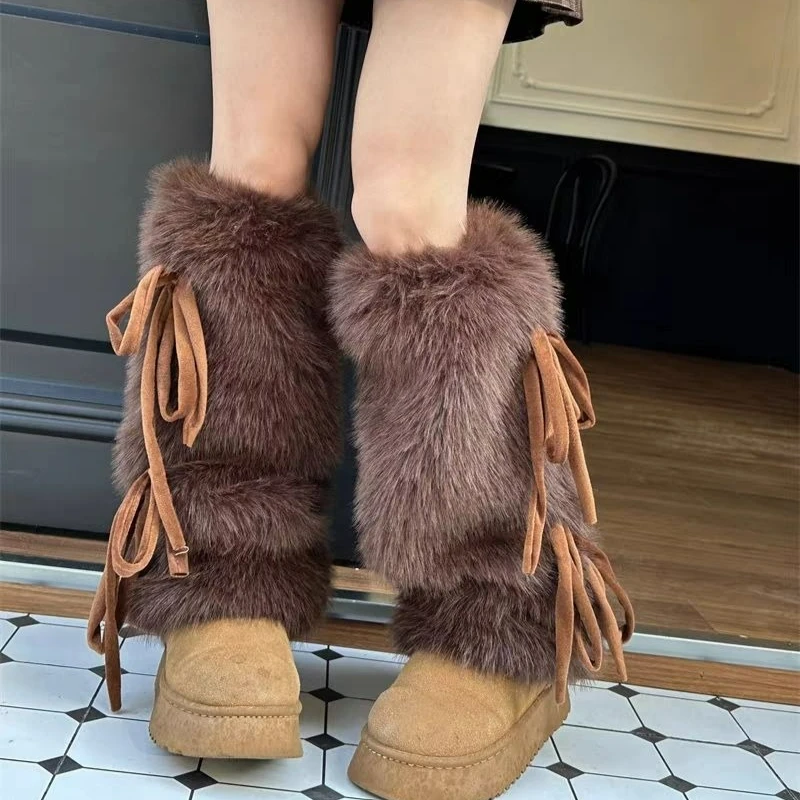 Lolita JK Girls Boot Cuffs Leg Warmers Women Winter Warm Harajuku Sweet Ribbon Bowknot Furry Plush White Boot Cover Long Socks