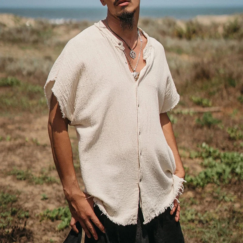 

Fashion Button-up O-neck Cardigan Tee Casual Men Solid Cotton Linen Shirts 2023 Loose Short Sleeve Single Breasted T Shirt Top