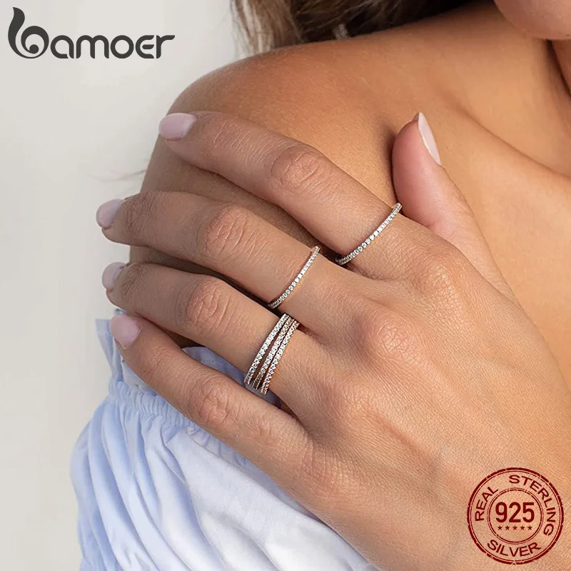 BAMOER 925 Sterling Silver Full Paved Simulated Diamond Stackable Rings, Women Gold Plated 3