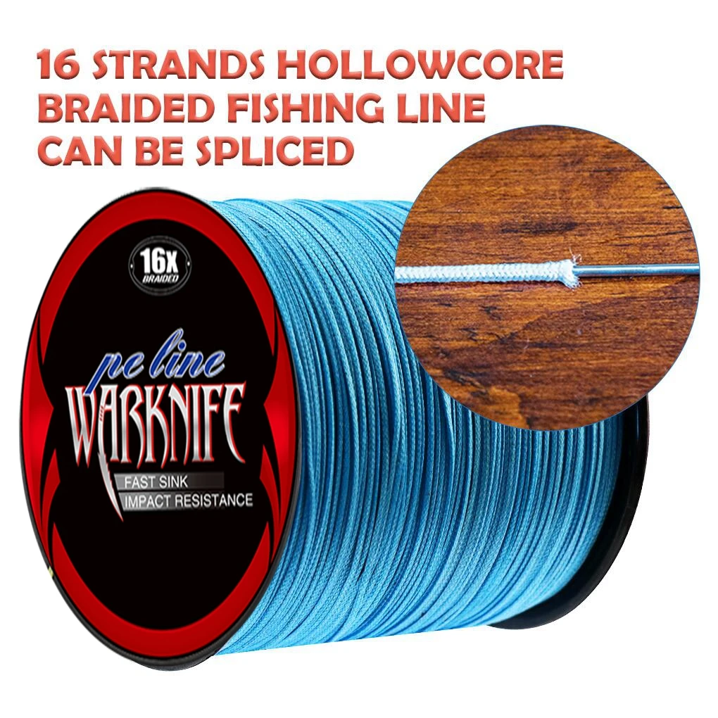 Warknife 16 Strands 100M - 2000M Hollow Core PE Braided เอ็นตกปลา20LBs-500LBs ญี่ปุ่น Multifilament Assist Line Blue 1