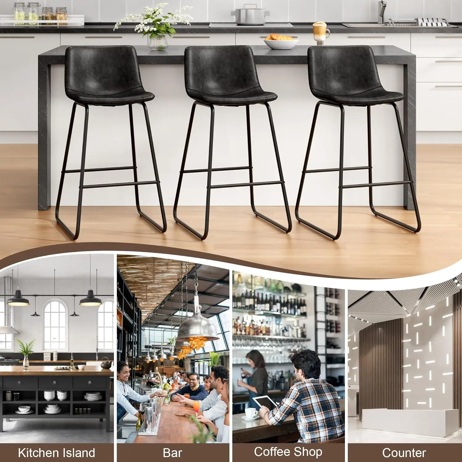 Bar Stools Set of 3, Faux Leather Counter Height Stools,26" Modern Barstools with Metal Legs and Footrest, Urban Armless Counter