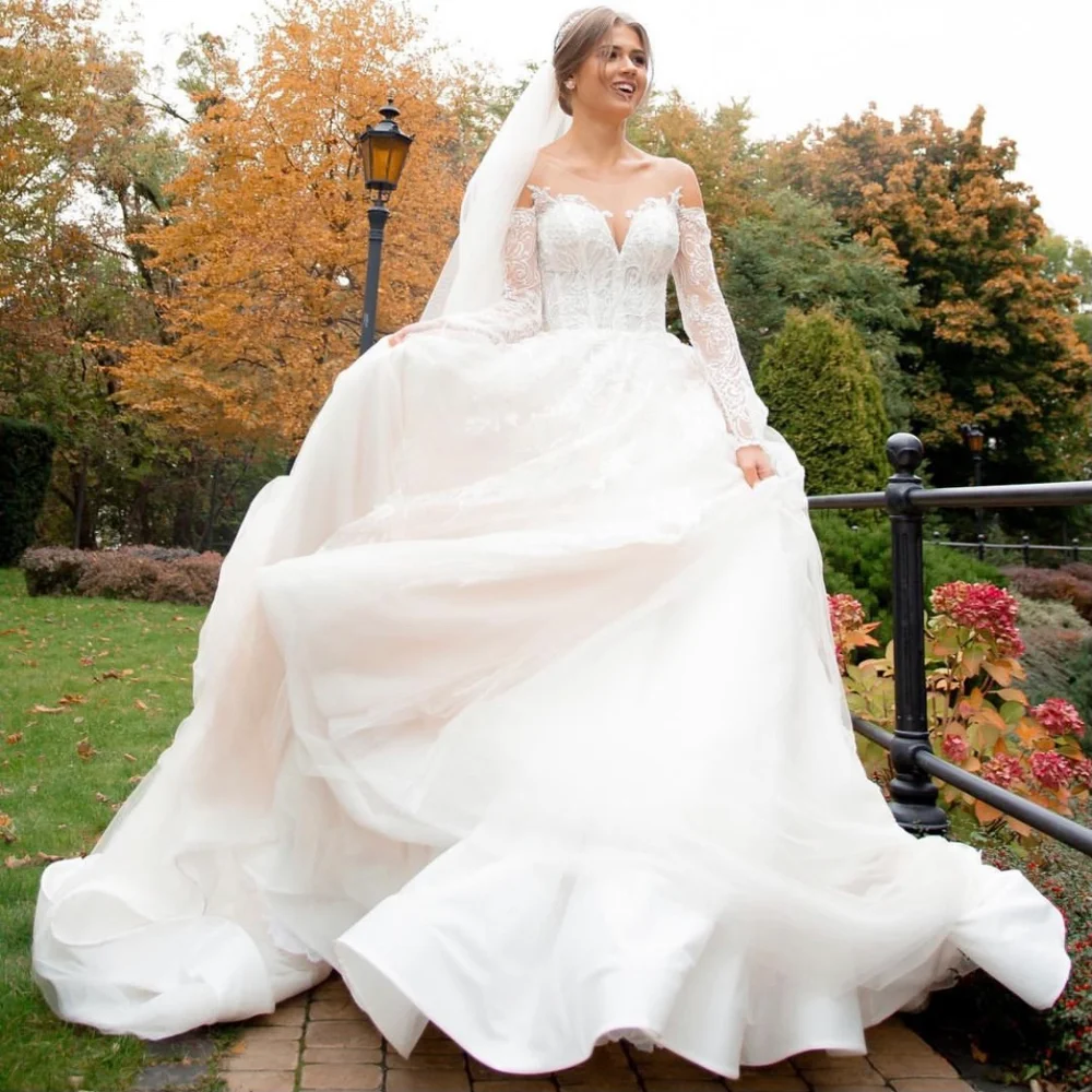 

Винтажное кружевное свадебное платье с открытой спиной и иллюзией, кружевные аппликации с длинным рукавом, женское ТРАПЕЦИЕВИДНОЕ свадебное платье со шлейфом, 2023