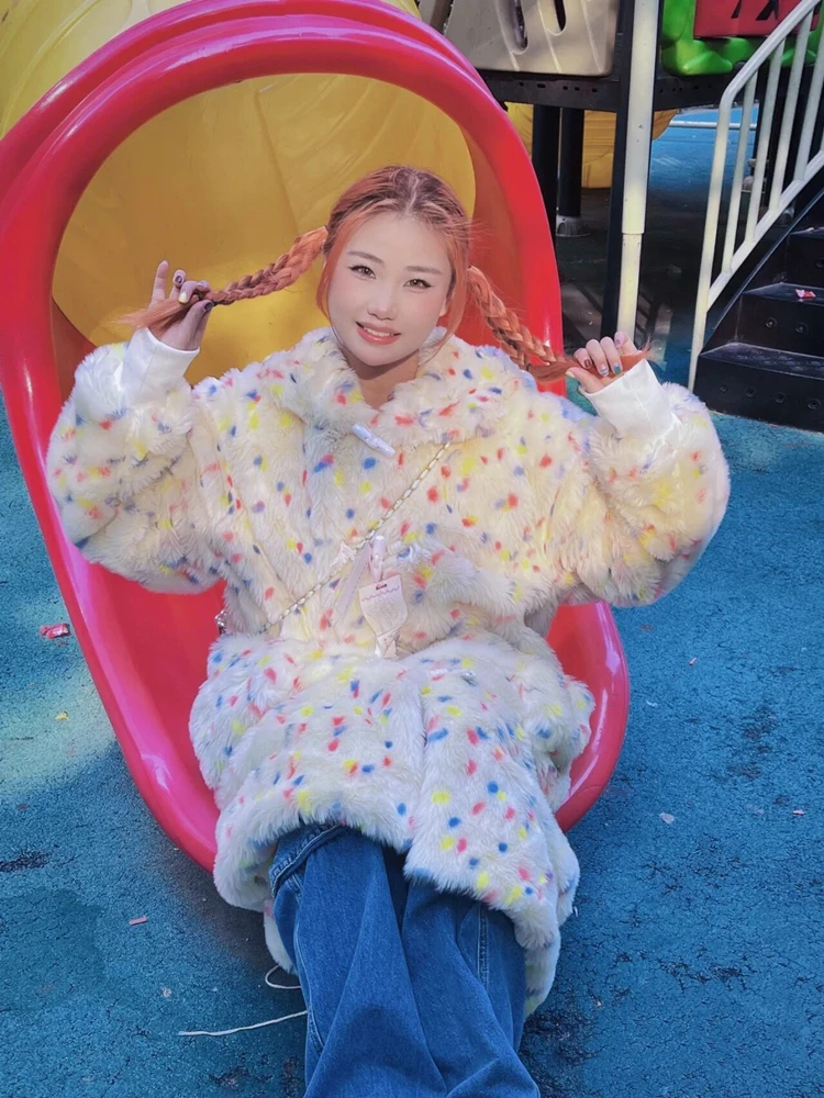 Horn Button Hooded Long Furry Coat Women's Environmental Protection Rabbit Fur Winter Thicken Thermal Long Sleeve Faux Fur Coat