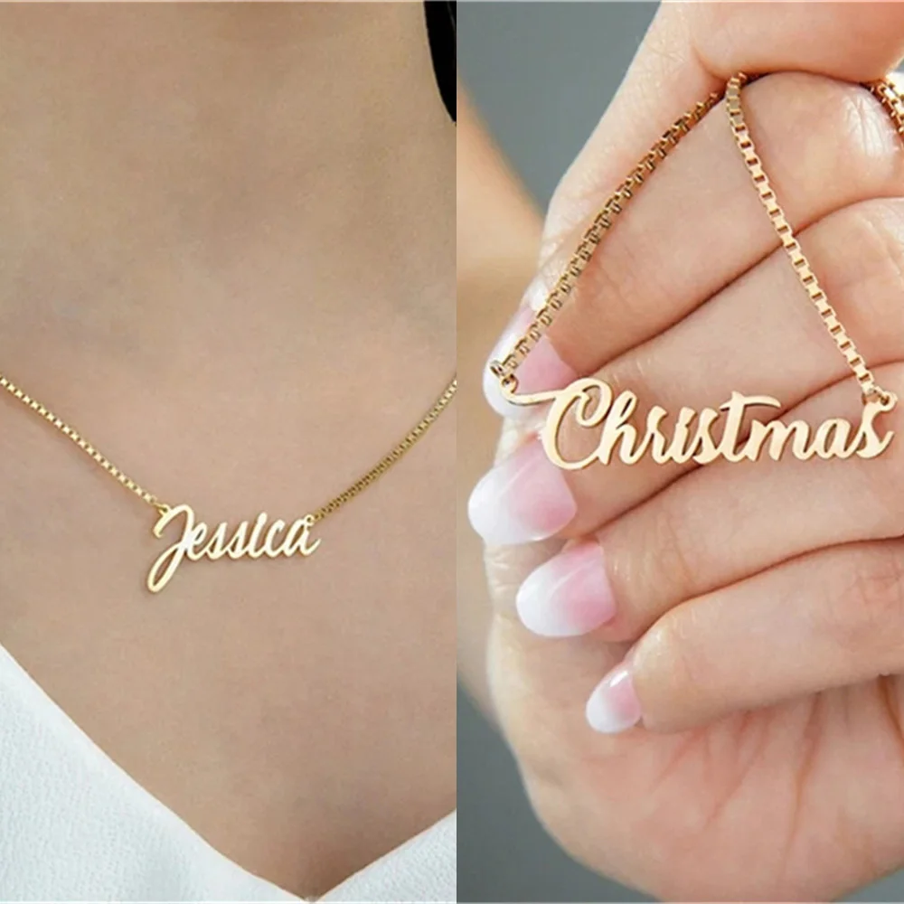 Custom Name Necklace for Women Personalized Letter Pendant Box Chain Choker Man Gold Stainless Steel Jewelry Gift Collar Hombres