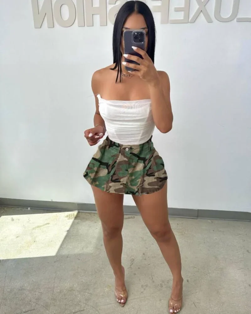 

WUHE Camouflage Zipper Fly Pleated A-line Mini Skirt Shorts 2024 Fashion Summer Street Vintage Women Above Knee Short Pants