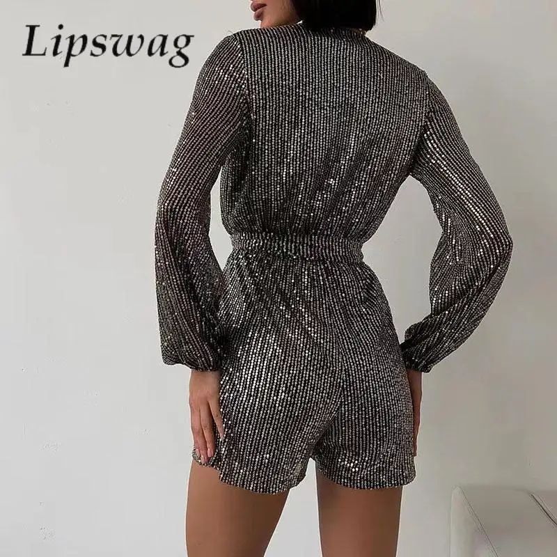 

Women Sexy Long Sleeve Sequins Party Romper Fashion Casual Loose Shorts Overalls Playsuits Elegant Sashes V Neck Shiny Jumpsuits