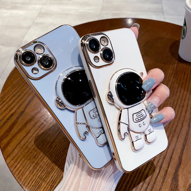 3D Astronaut Telescopic Stand Holder Plating Case For iPhone 13 11 12 Pro Max Mini XS Max X XR 7 8 Plus SE 2020 Silicone Cover cute iphone 11 Pro Max cases iPhone 11 Pro Max