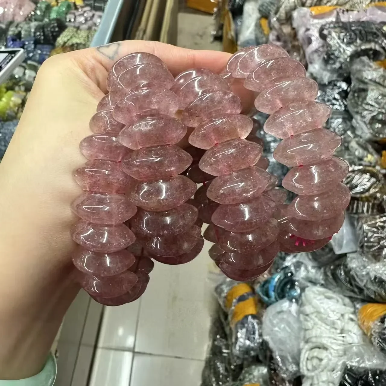천연 딸기 쿼츠 스톤 팔찌, 남녀공용, 심플한 에너지 스톤 팔찌, 아카데믹 자기장 쥬얼리, 10 × 22mm