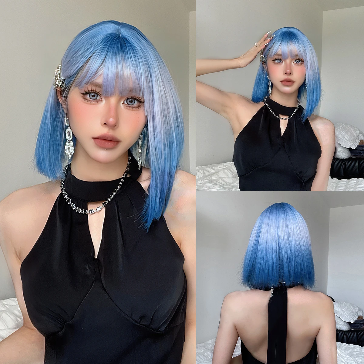 Short Straight Bob Synthetic Wigs Sky Blue White Ombre Wig with