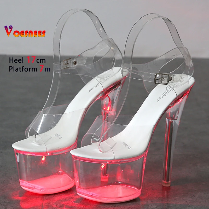 17CM Stripper Heels Women Glitter Shoes Clear Heel Light-emitting PVC Platform Sandals LED Light Buckle Strap Super High Heels women sandals women high heels