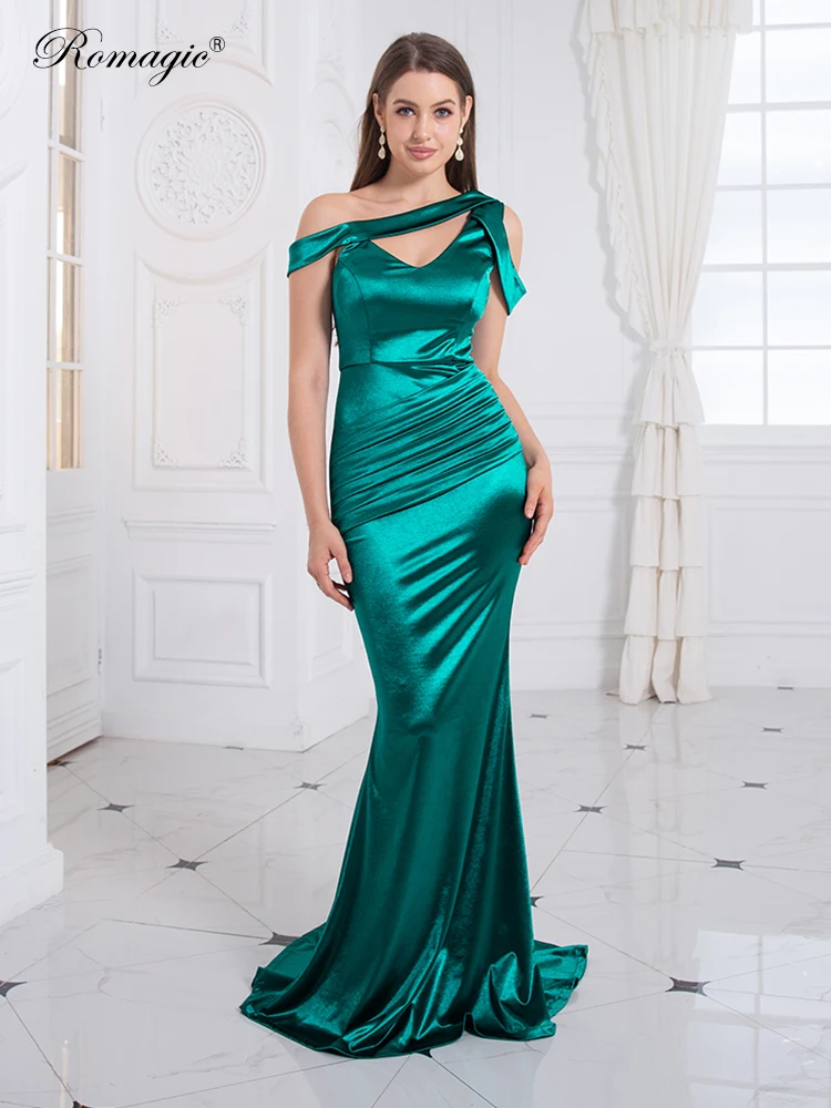

One Shoulder Sleeveless Evening Party Gown Green Stretch Satin Ruched Mermaid Bridesmaids Burgundy Long Dress Elegant Women's