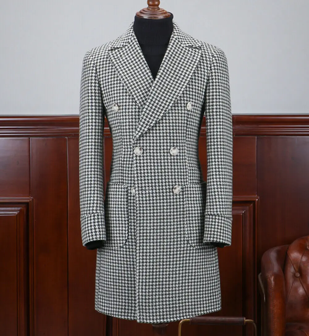 Check Men's Blazer with Double Breasted Business Suit Jacket Peak Lapel Plaid Jacket Houndstooth Male Fashion Long Woolen Coat