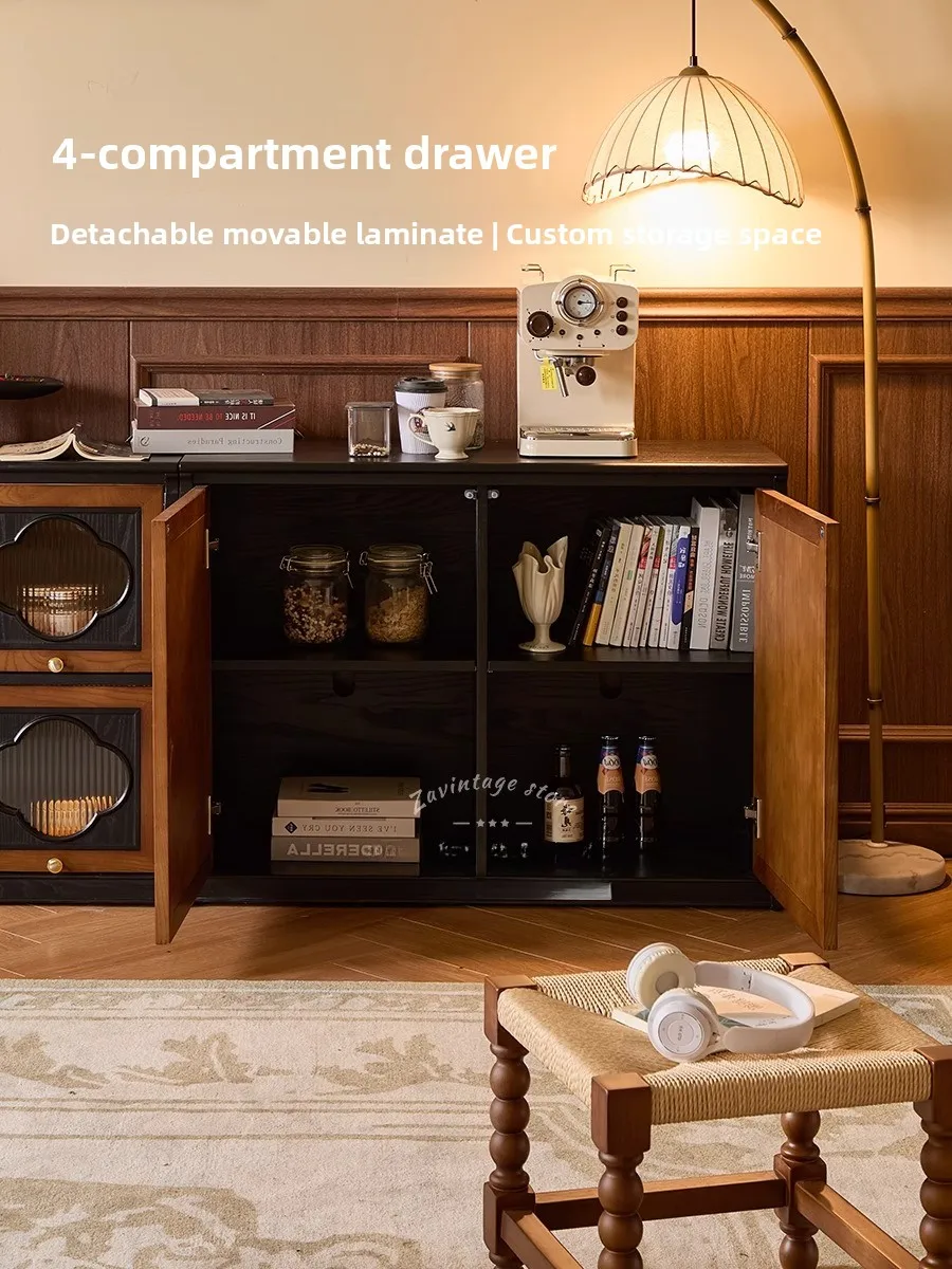 French Vintage Solid Wood TV Stand Cabinet Modular Storage Unit Mid Century Modern Floor Cabinet Furniture Living Room Home