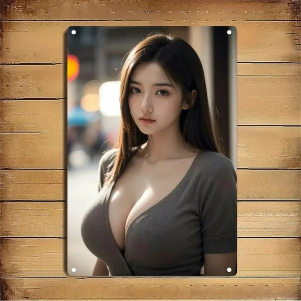 HD 메탈 벽 장식, 세련된 아시아 미녀의 시스루 민트 블라우스, 핀업걸 빈티지 메탈 틴 사인 벽 장식