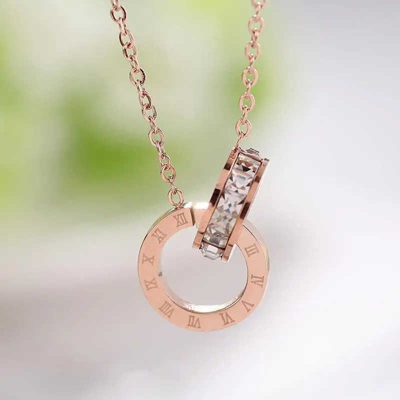 316L Stainless Steel Clavicle Chain CZ Crystal Double Circle Roman Numeral Pendant Necklace For Women Wedding Jewelry Gifts 4