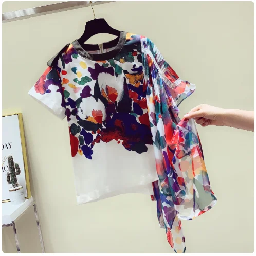 

Korean Style Print T-Shirt for Women Short Sleeve Irregular Tshirt Summer Personality Stitching Asymmetric Graffiti Color Top