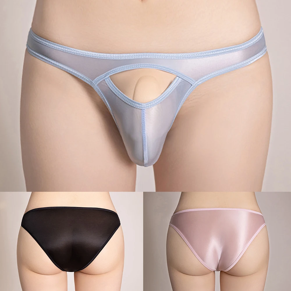 

Silky Men Ultra-thin Briefs Hollow See Through Stretch Oil Shiny Glossy Low Waist Briefs Underwear Panties Thongs