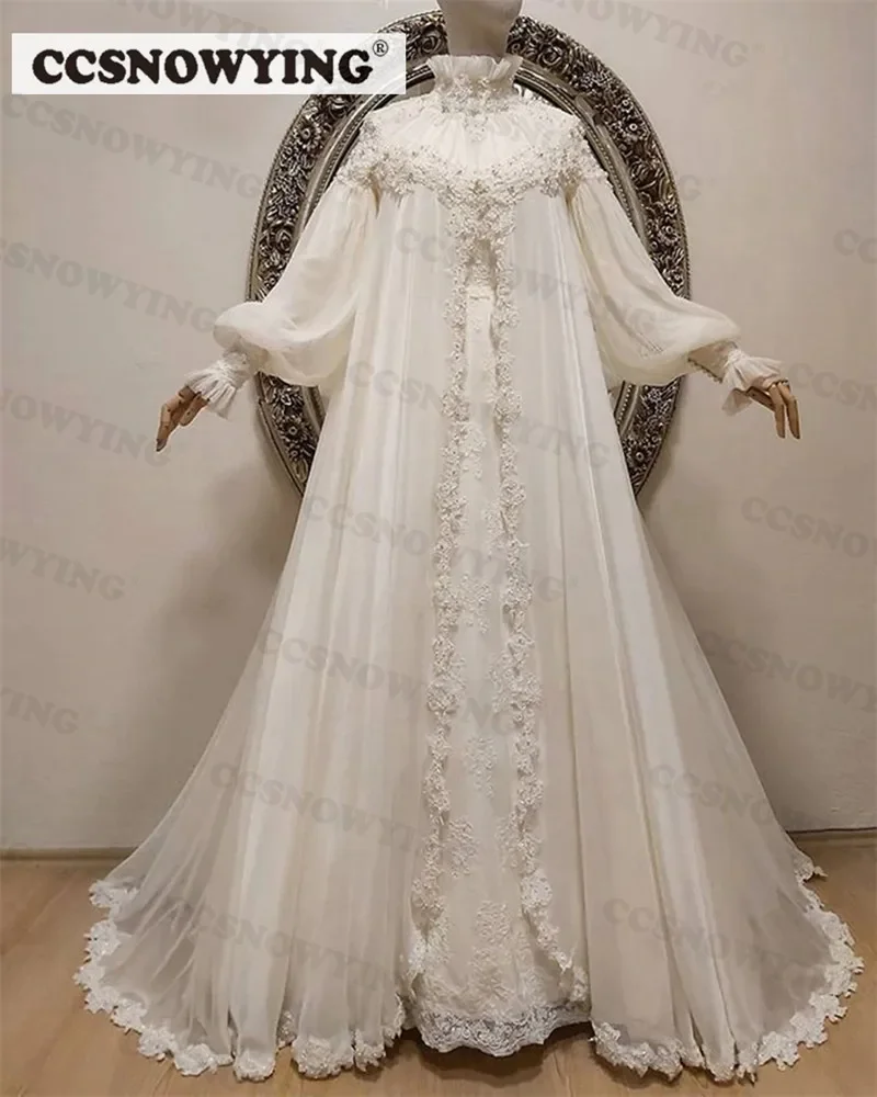 Fashion Chiffon Appliques Muslim Wedding Dresses Long Sleeve High Neck Islamic Bridal Gown Arabic Dubai Vestidos De Novia 2