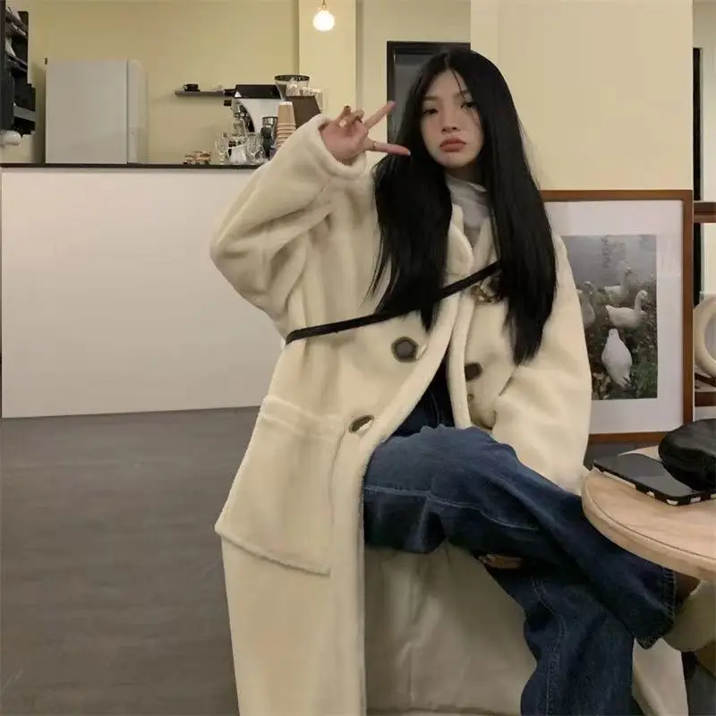 2023 Winter New Women Lamb Wool Coat Female Long Below The Knee Fashion Cow Horn Button Outcoat Loose Hooded Warm Cotton Outwear