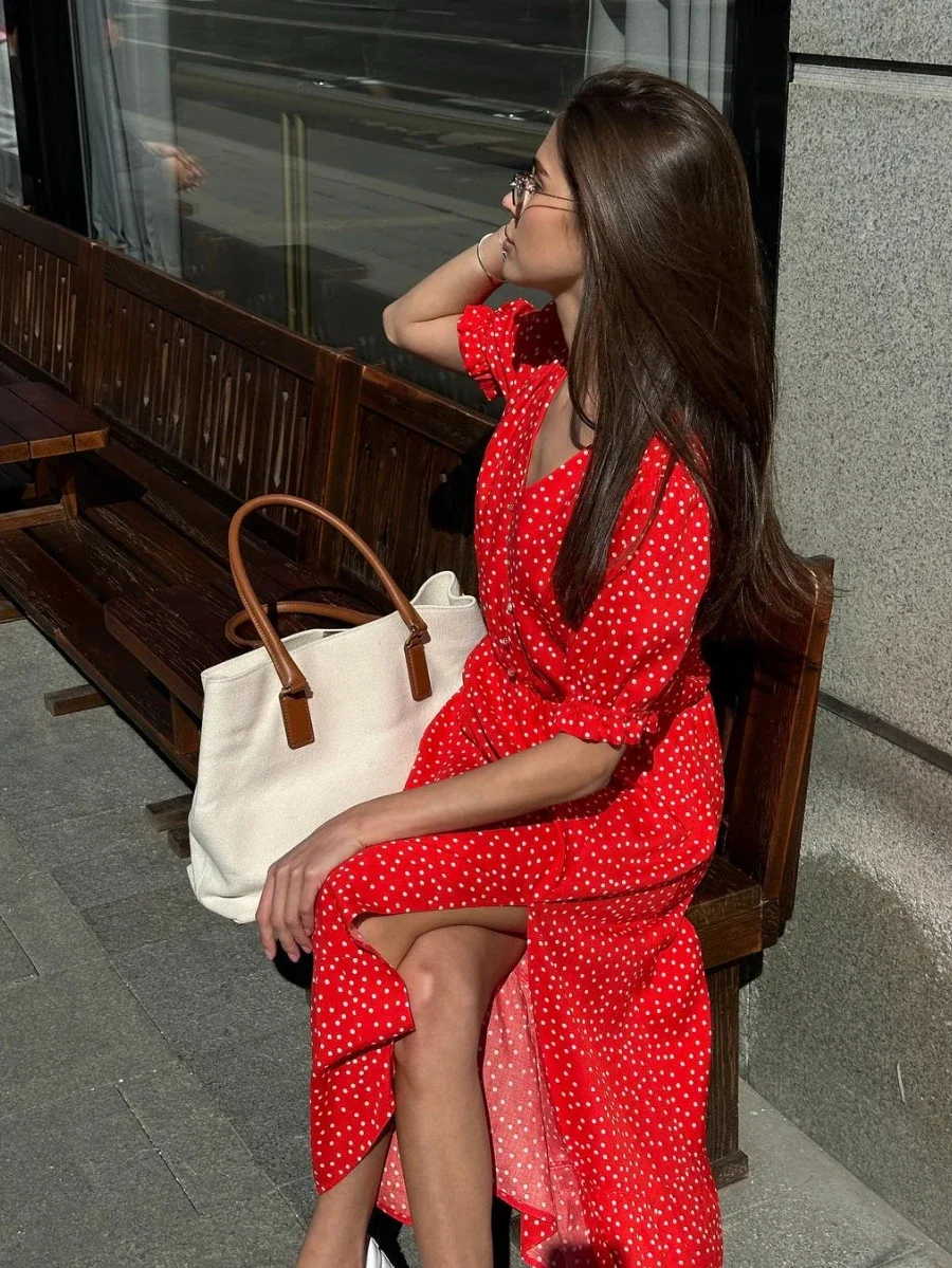 Bornladies Red polka Dot Dress Women Summen Loose V-Neck Fashionable And Chic Office Lady Long Skirt Commuting Versatile Dress