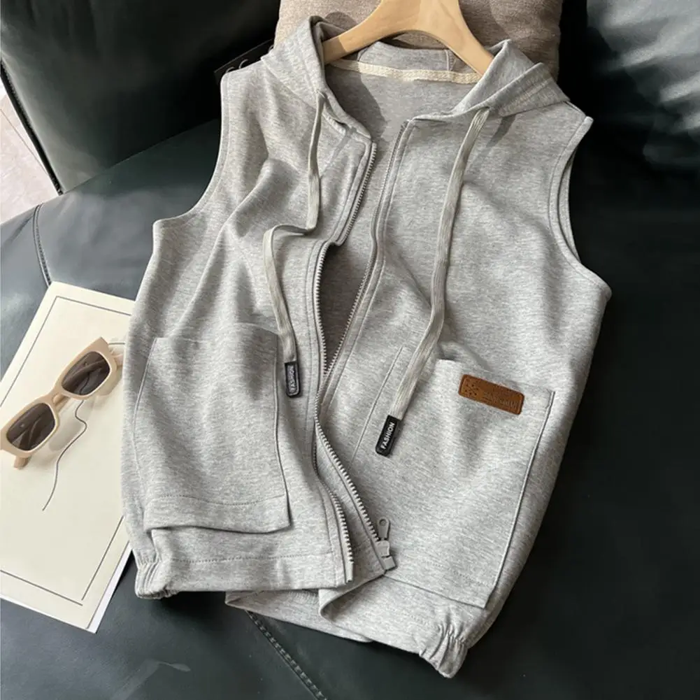 Summer Women Vest Coat Hooded Drawstring Solid Color Slim Fit Stretchy Hem Side Pockets Zip-up Cardigan Casual Sport Waistcoat