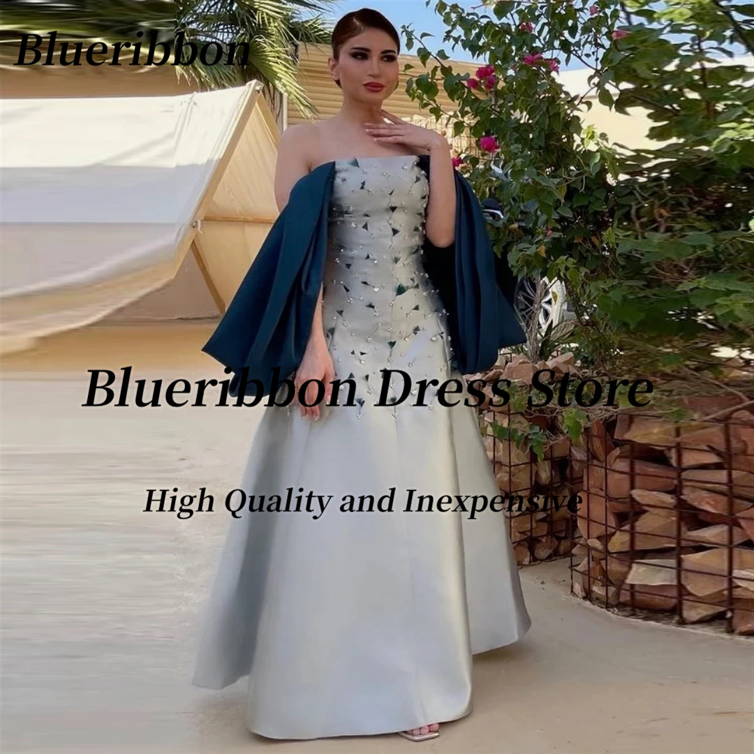 

Blueribbon Satin A Line Long Prom Dresses Handmade Diamond Feathers Bride Wear Wedding Party Gowns Zipper Back Evening Dress