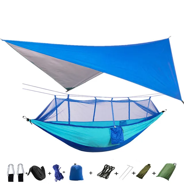 Lightweight Portable Camping Hammock and Tent Awning Rain Fly Tarp Waterproof Mosquito Net Hammock Canopy 210T Nylon Hammocks Blue and blue