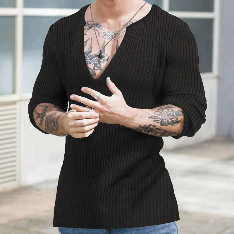 2023 Autumn and Winter New Simplicity Versatile Commuter Men's Clothing Fashion V-neck Long Sleeve Solid Color Casual Pullover