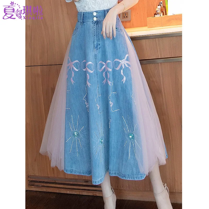 

Юбка Женская Длинная с вышивкой, сетчатая и джинсовая в стиле пэчворк, с завышенной эластичной талией, весна-осень