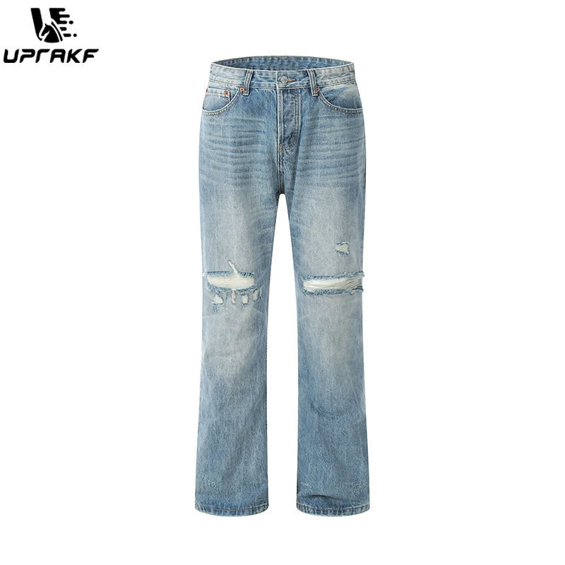 UPRAKF Straight-leg Blue Streetwear Ripped Jeans Basic High Street Light Color Casual Pocket Denim Loose Fashion
