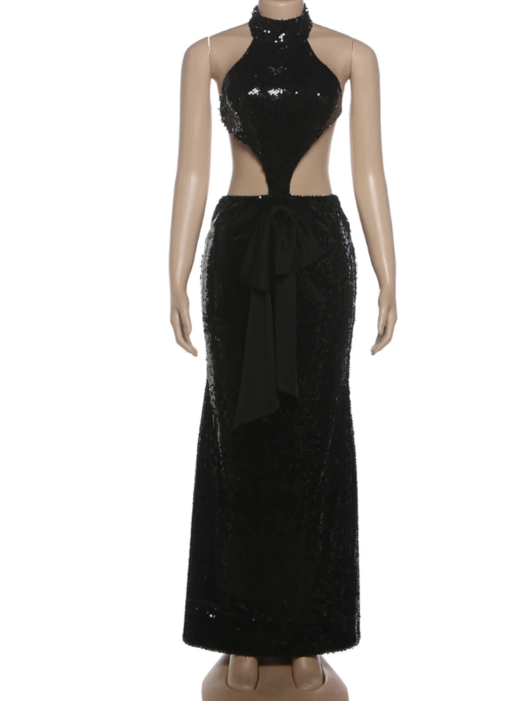 Nibber Backless Long Dresses Woman Sequin Patchwork Halter Turtleneck Irregular Shape Hot Girls Prom Party Sexy Fashion Vestidos