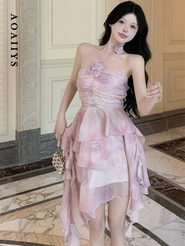 

Mini Dress for Women Dresses 2023 Summer New Irregular Floral A-Line Above,Knee Mini Clothing High Waisted Neck-mounted Dresses