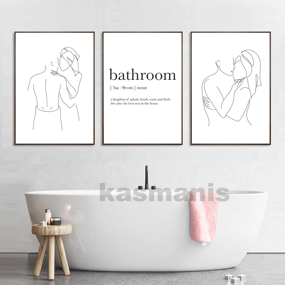 Couple In Bathroom Line Art Print Black and White Naked Female Body Line Drawing Poster Abstract Love Canvas Painting Decoration
