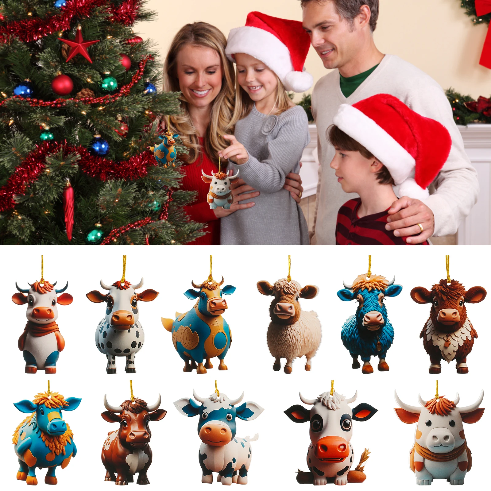 

11Pcs 3.35inch Cartoon Cow Hanging Ornaments Acrylic Highland Cow Pendants Cute Cow Christmas Ornament Car Rear Mirror