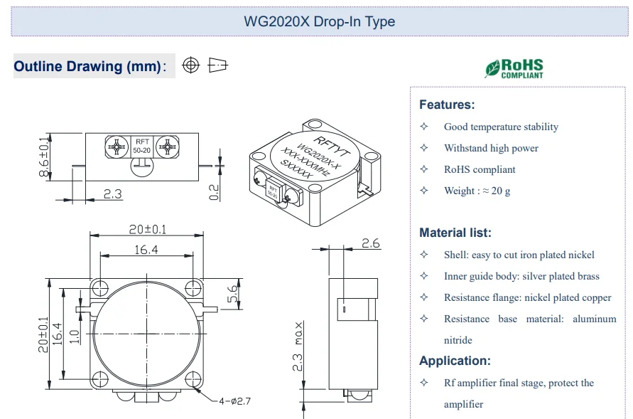 WG2020X Drop-In Type Microwave embedded RF isolator frequency 700 to 4000MHz CW/