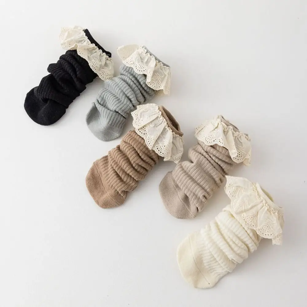 5Pairs Ruffled Edge Baby Calf Socks Baby Lace Trim Long Tube Infant Cotton Stockings Toddle Cotton Cartoon Above Knee Socks