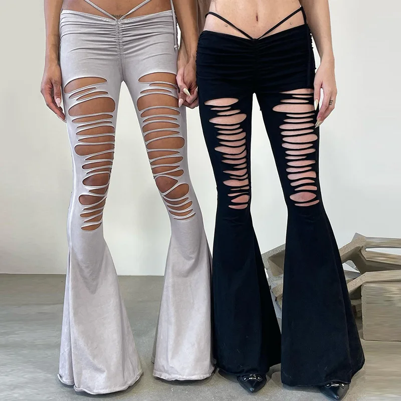 

Gothic Black Sexy Ripped Holes Flared Cargo Women Pants Y2K Vintage Aesthetic Low Rise Drawstring Trousers 2023 Summer