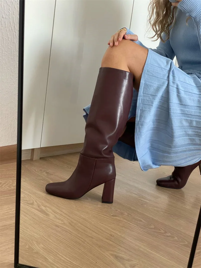 Meotina ZA 여성용 가죽 무릎 높이 부츠, 스퀘어 토 블록 하이힐, 플리츠 여성 패션 롱 부츠, 가을 겨울 신발