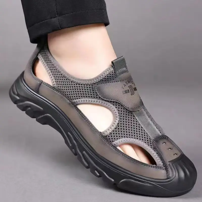 Men's Summer2026 Breathable Mesh Sandals Water Shoes Outdoor Casual Beach Shoes Slip-On Comfortable PU Bottom Grid Lined Shoes