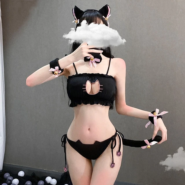 Women Sexy Anime Cute Cat Cosplay Lolita Lace Lingerie Underwear Set