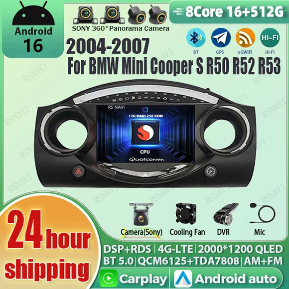 Reproductor Multimedia para Auto con Pantalla 2K y Android 16 Carplay para BMW Mini Cooper S R50 R52 R53 2004-2007, Radio Estéreo con Navegación y Bluetooth 1