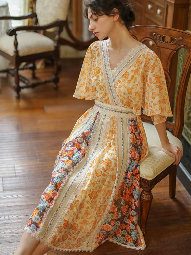 

AIGYPTOS Spring Summer Women Dress Vintag Elegant Sexy Lace V-Neck Floral Dress Butterfly Sleeve Embroidered Ribbon Midi Dress