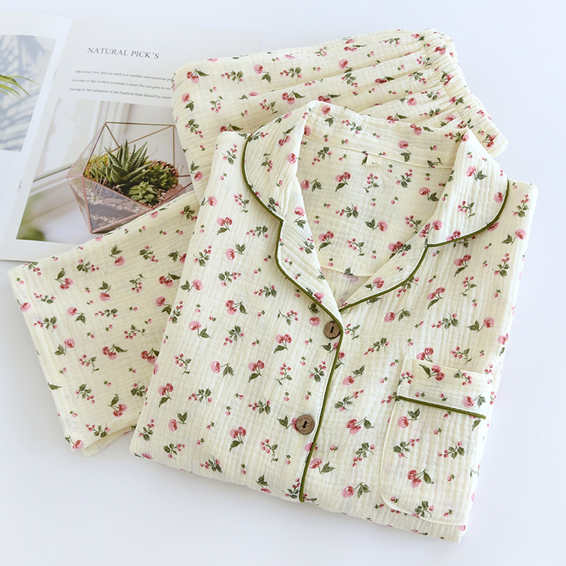  2026 Spring and Autumn Women's Pajama Set 100% Cotton Crepe Long sleeved Pants Two piece Cute and Sweet Home Fury Set Ladies 