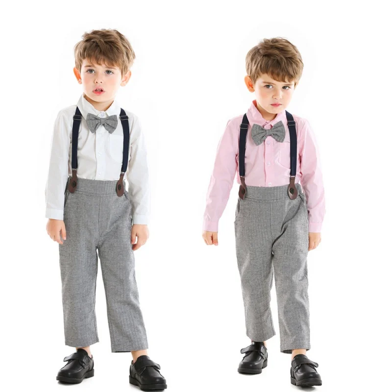 

Children's Long-Sleeve Suit British Boys Lapel Bow Cotton Cardigan Suspender Pants Two-Piece Set Kids