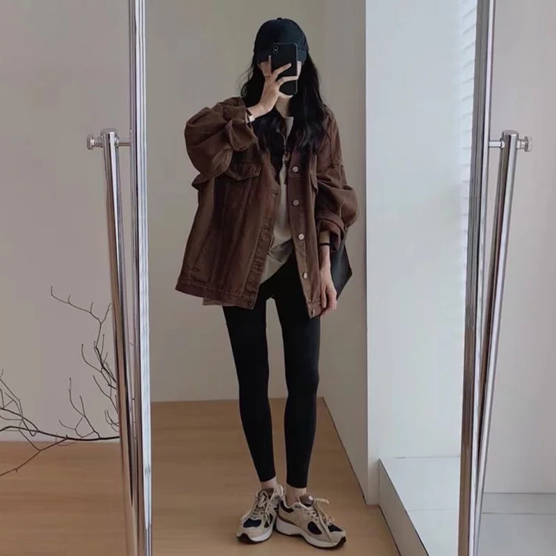 2023 Autumn New Port Style Retro Denim Coat Women Loose Slim Design Sense of Temperament Coffee Color Jacket Solid Color Commute