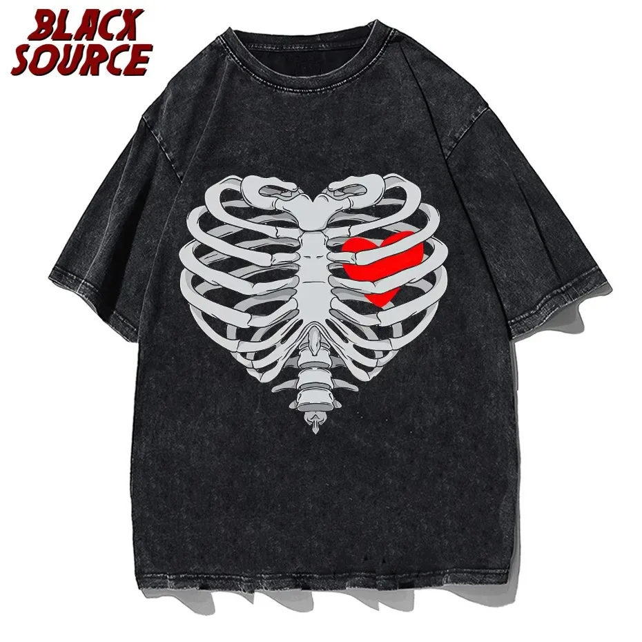 

The Skull Heart Vintage Washed T Shirt for Men Harajuku Streetwear Oversized Hip Hop Top Tees Male Tshirt Graphic T-shirts
