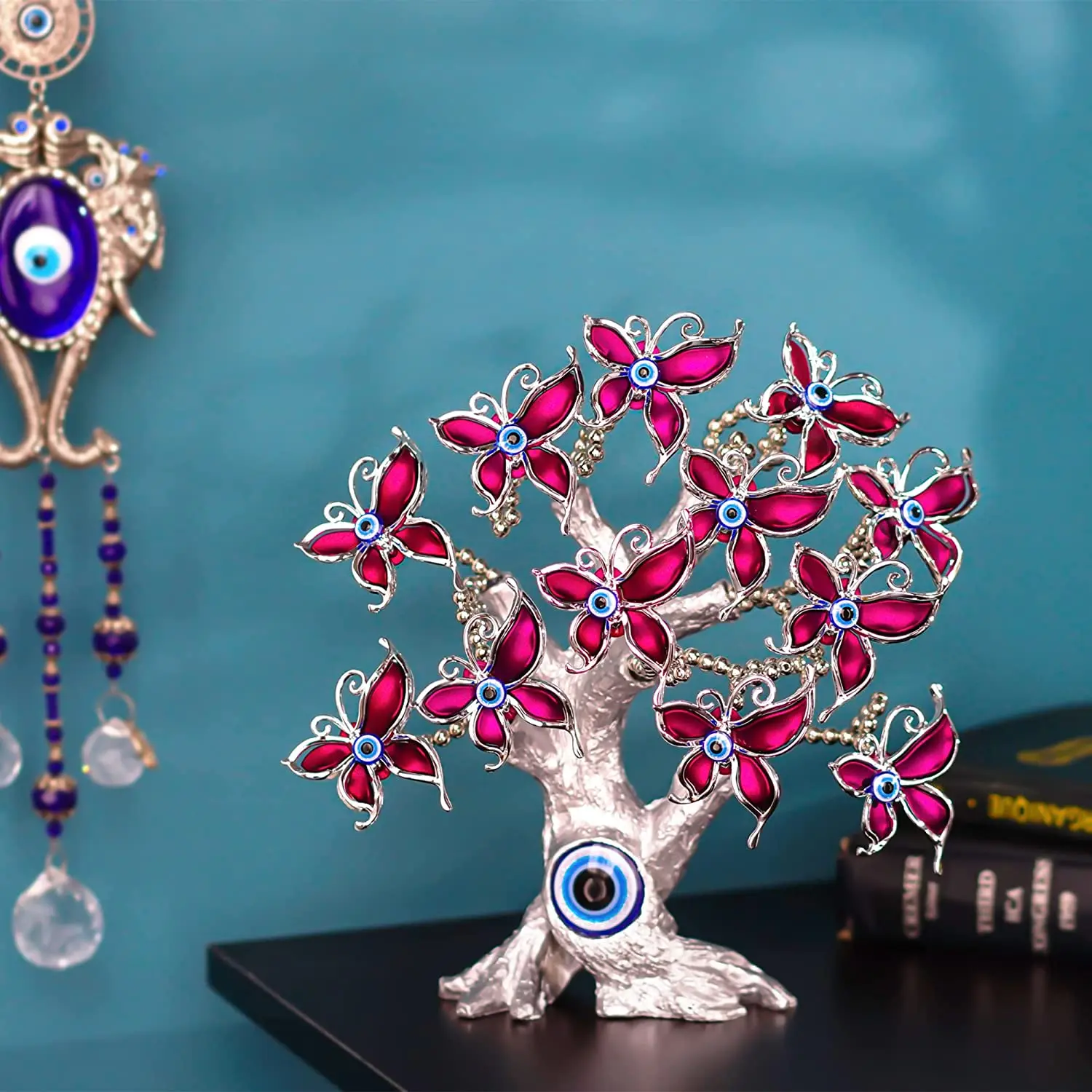 

H&D 9.8inTurkish Nazar Blue Evil Eye Tree with Butterflies Lucky Fortune Tree Bonsai Decorative Showpiece Home Office Decor Gift